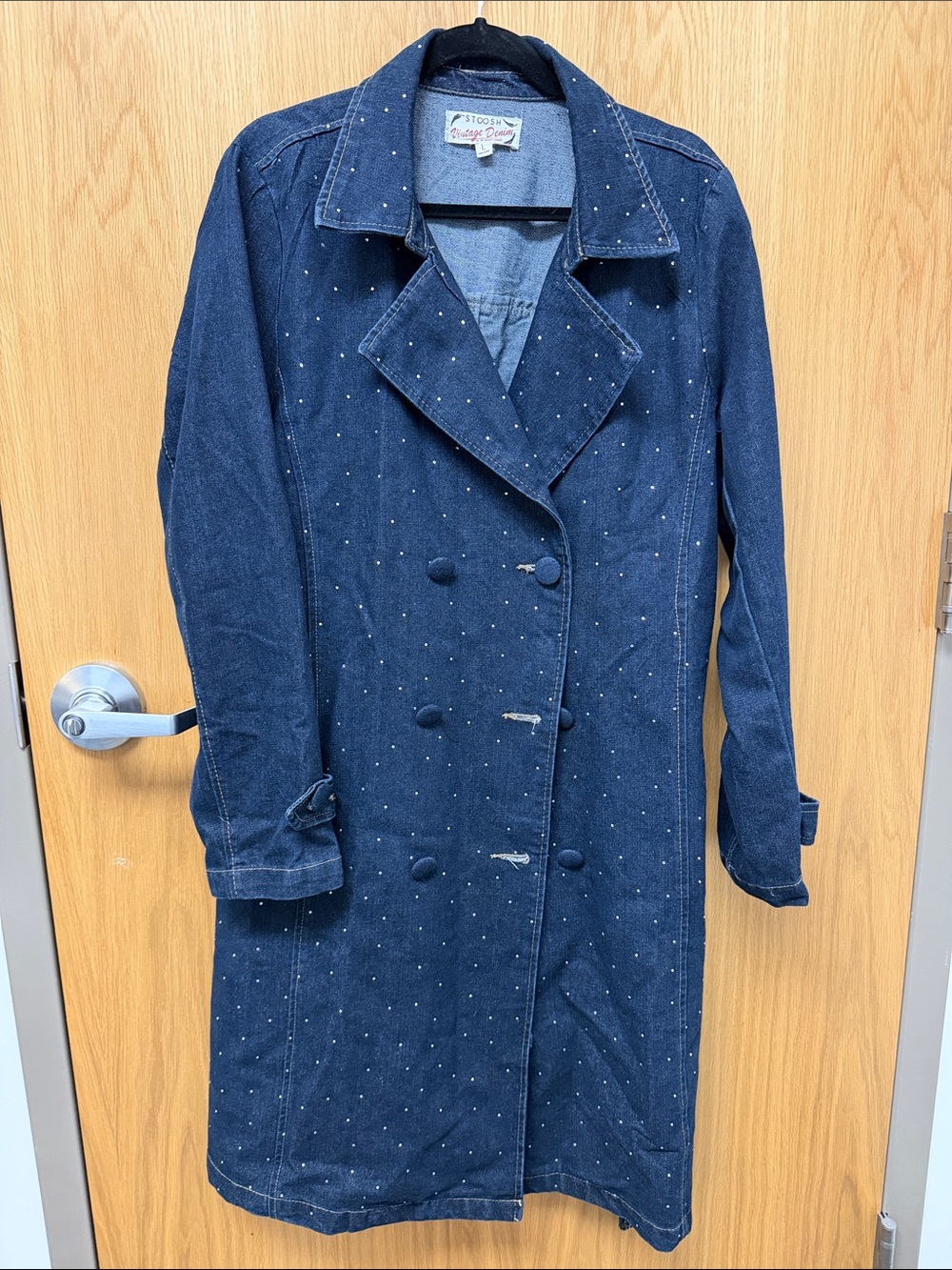 Stoosh Vintage Denim Rhinestone Dark Blue Denim Double-Breasted Trench Coat